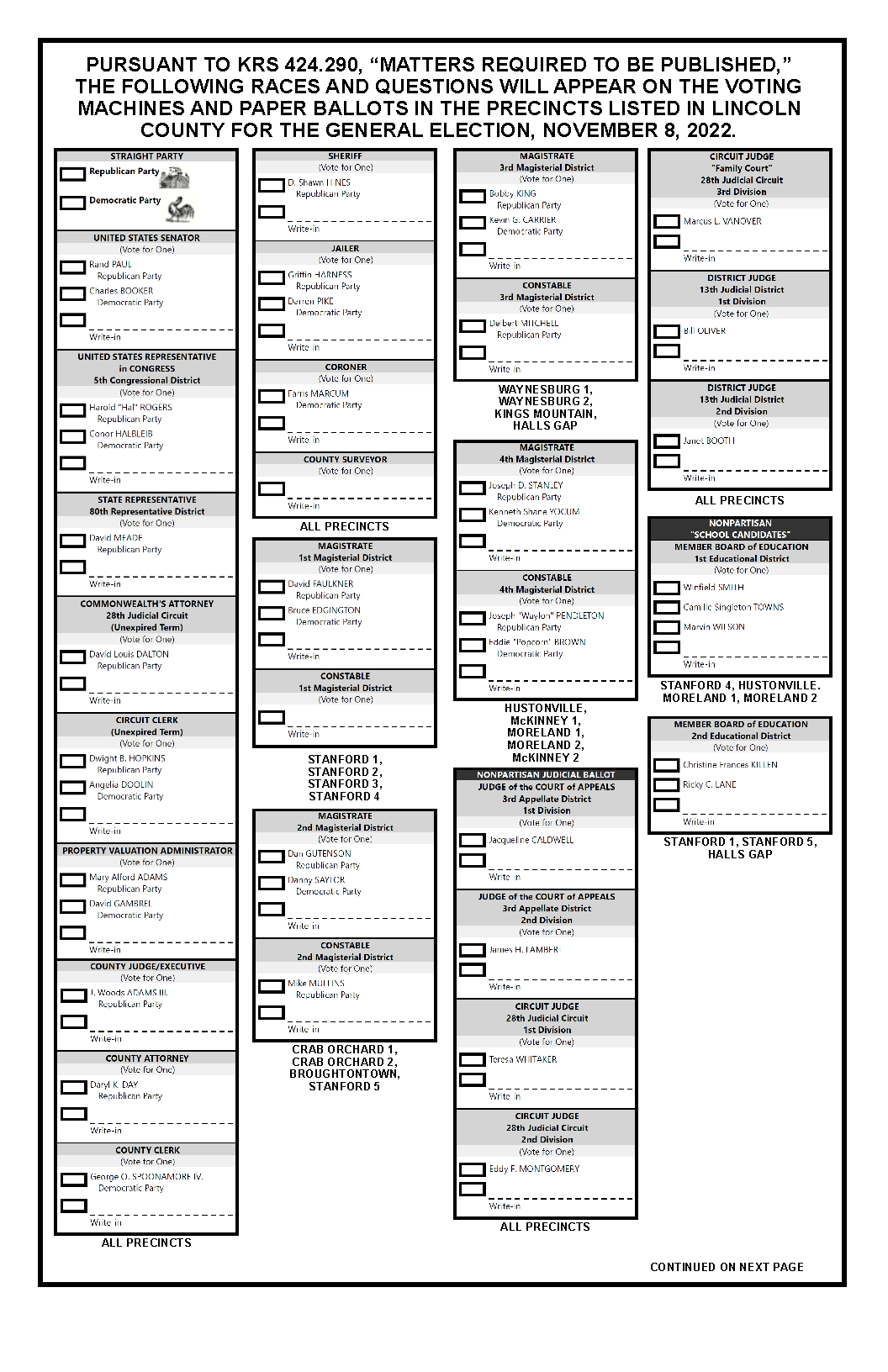 2022 General Ballot Lincoln County KY Clerk